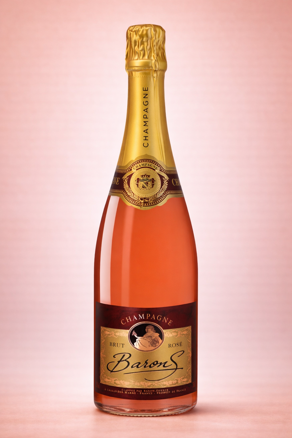 Flasche Champagne Baron's Brut Rosé, roséfarbener Schaumwein aus Frankreich